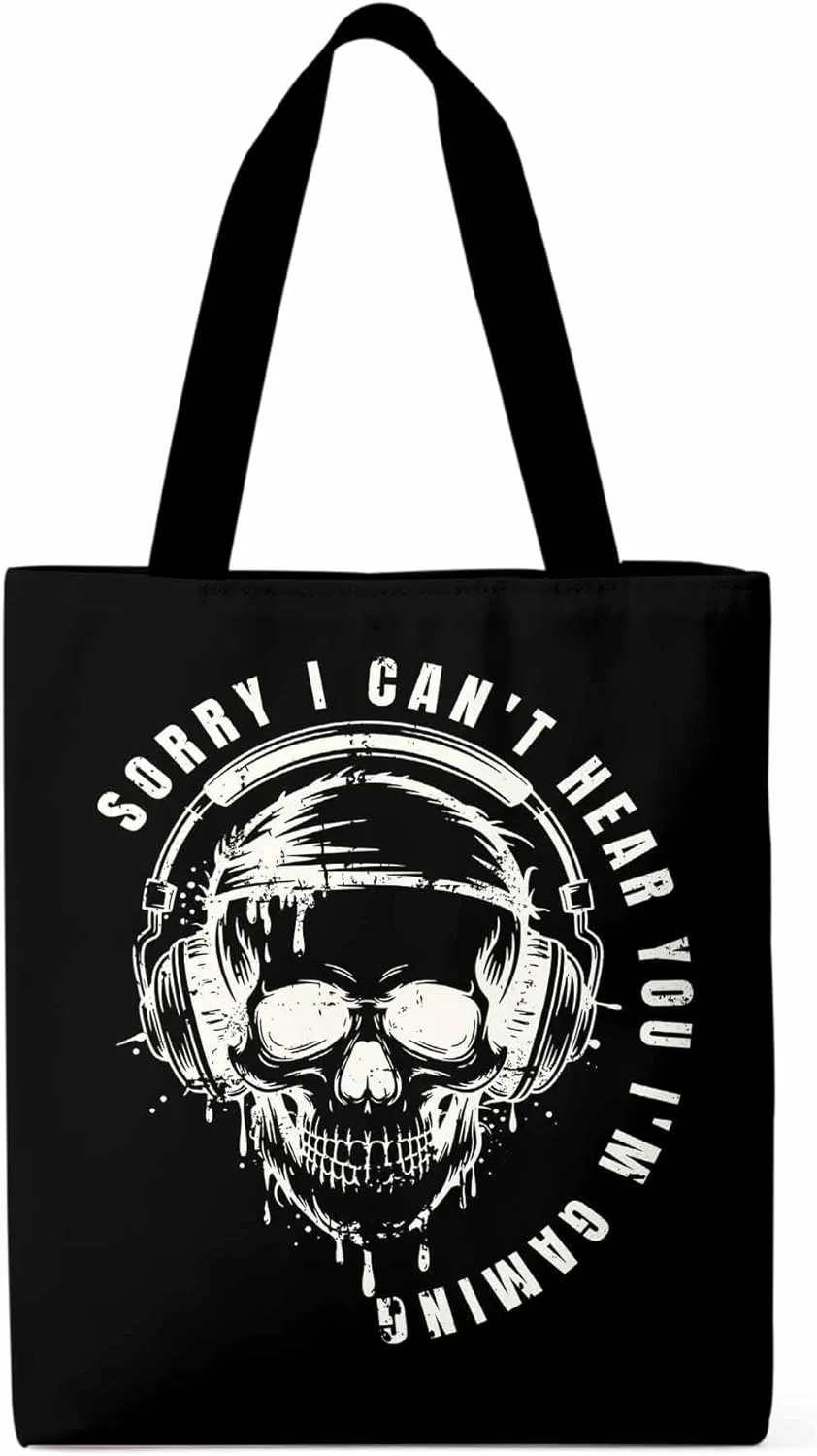 Canvas Tote Bag Skull Headphone Reusable Grocery Shopping Bags with Handle, Funny Text Large Canvas