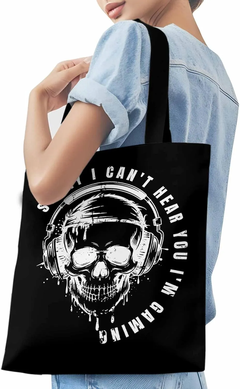 Canvas Tote Bag Skull Headphone Reusable Grocery Shopping Bags with Handle, Funny Text Large Canvas
