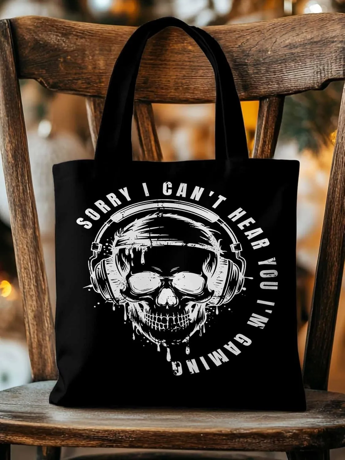 Canvas Tote Bag Skull Headphone Reusable Grocery Shopping Bags with Handle, Funny Text Large Canvas