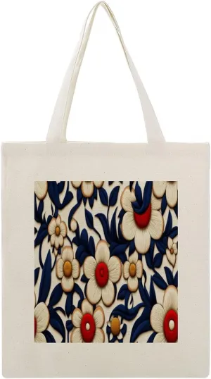 Canvas Tote Bag,Embroidery Geometric Motifs Flower Handbags for Women Shoulder Bag
