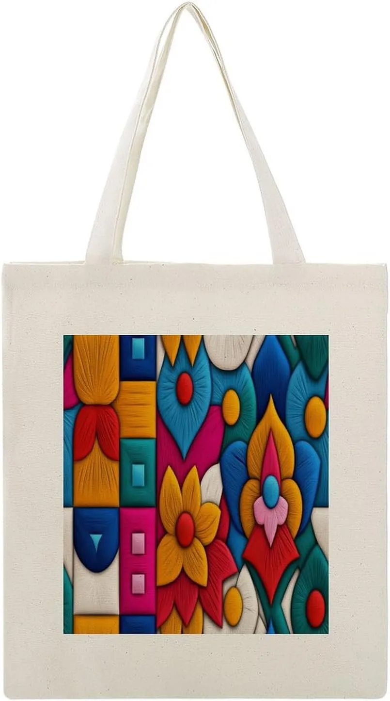 Canvas Tote Bag,Embroidery Geometric Motifs Handbags for Women Shoulder Bag