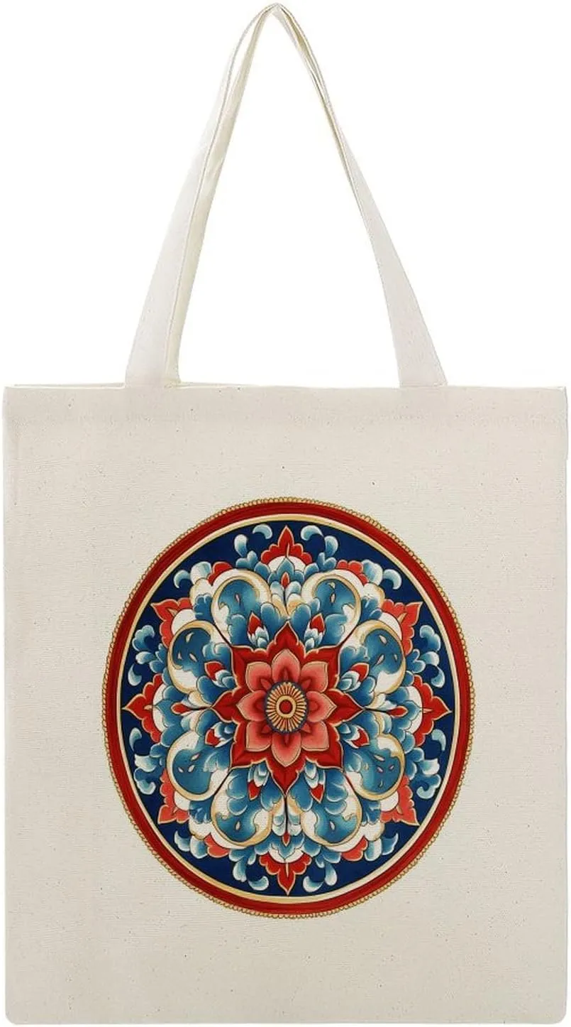 Canvas Tote Bag,Symmetrical Geometric Traditional Flowers Red Blue Colors Handbags for Women Shoulder Bag