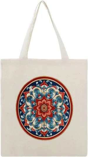 Canvas Tote Bag,Symmetrical Geometric Traditional Flowers Red Blue Colors Handbags for Women Shoulder Bag