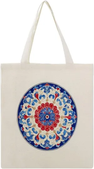 Canvas Tote Bag,Symmetrical Geometric Traditional Motifs Red Blue Color Handbags for Women Shoulder Bag