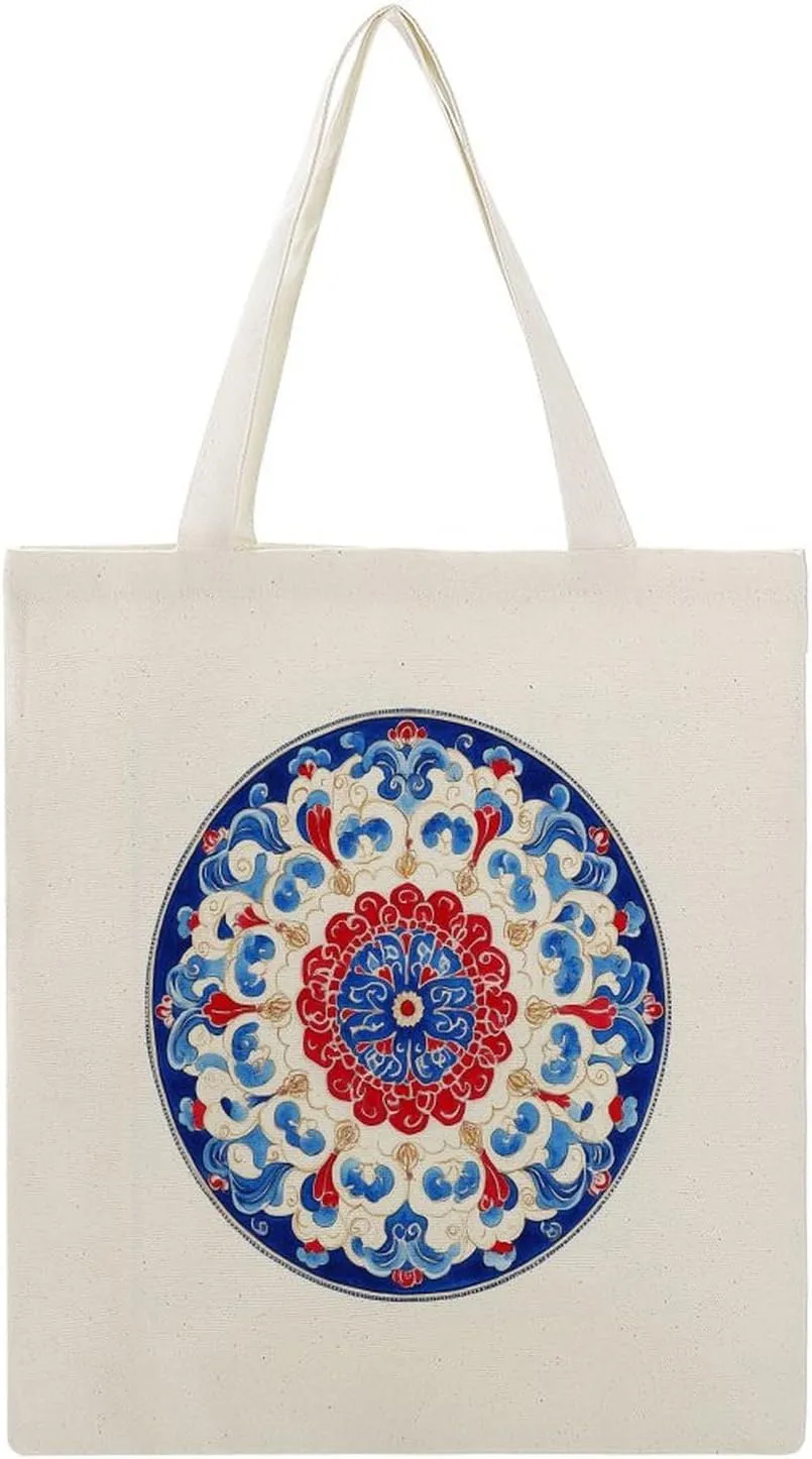 Canvas Tote Bag,Symmetrical Geometric Traditional Motifs Red Blue Color Handbags for Women Shoulder Bag