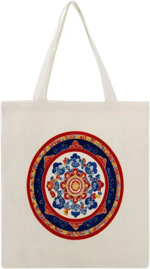 Canvas Tote Bag,Symmetrical Geometric Traditional Motifs Red Blue White Colors Handbags for Women Shoulder Bag