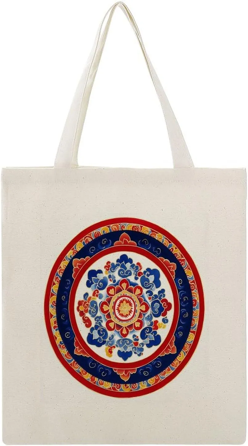 Canvas Tote Bag,Symmetrical Geometric Traditional Motifs Red Blue White Colors Handbags for Women Shoulder Bag