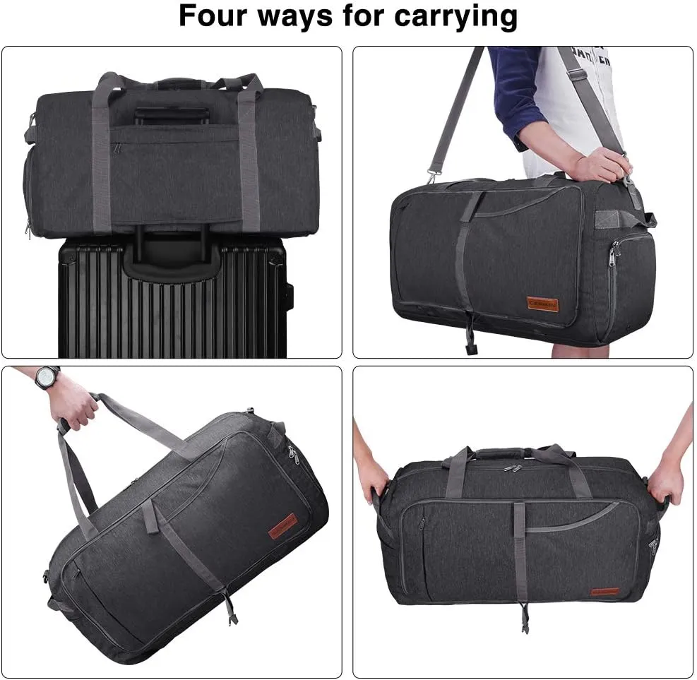 Canway 65L Travel Duffel Bag, Foldable Weekender Bag with Shoes Compartment for Men Women Water-proof & Tear Resistant (Panther Black, 65L)