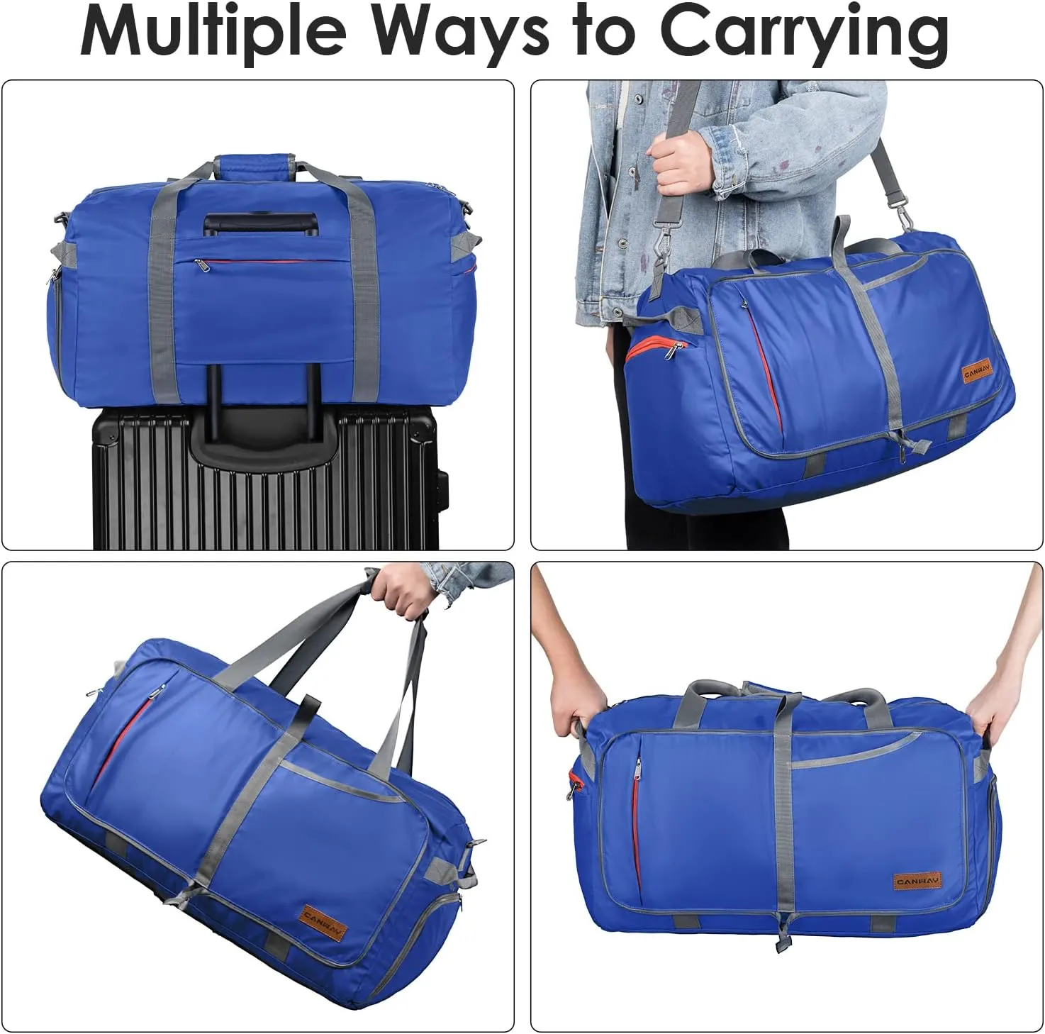 CANWAY 65L Travel Duffel Bag, [New Version] Foldable Large Duffle Bag with Shoes Compartment | Weekender Bag for Men & Women, Waterproof & Tear Resistant-Blue