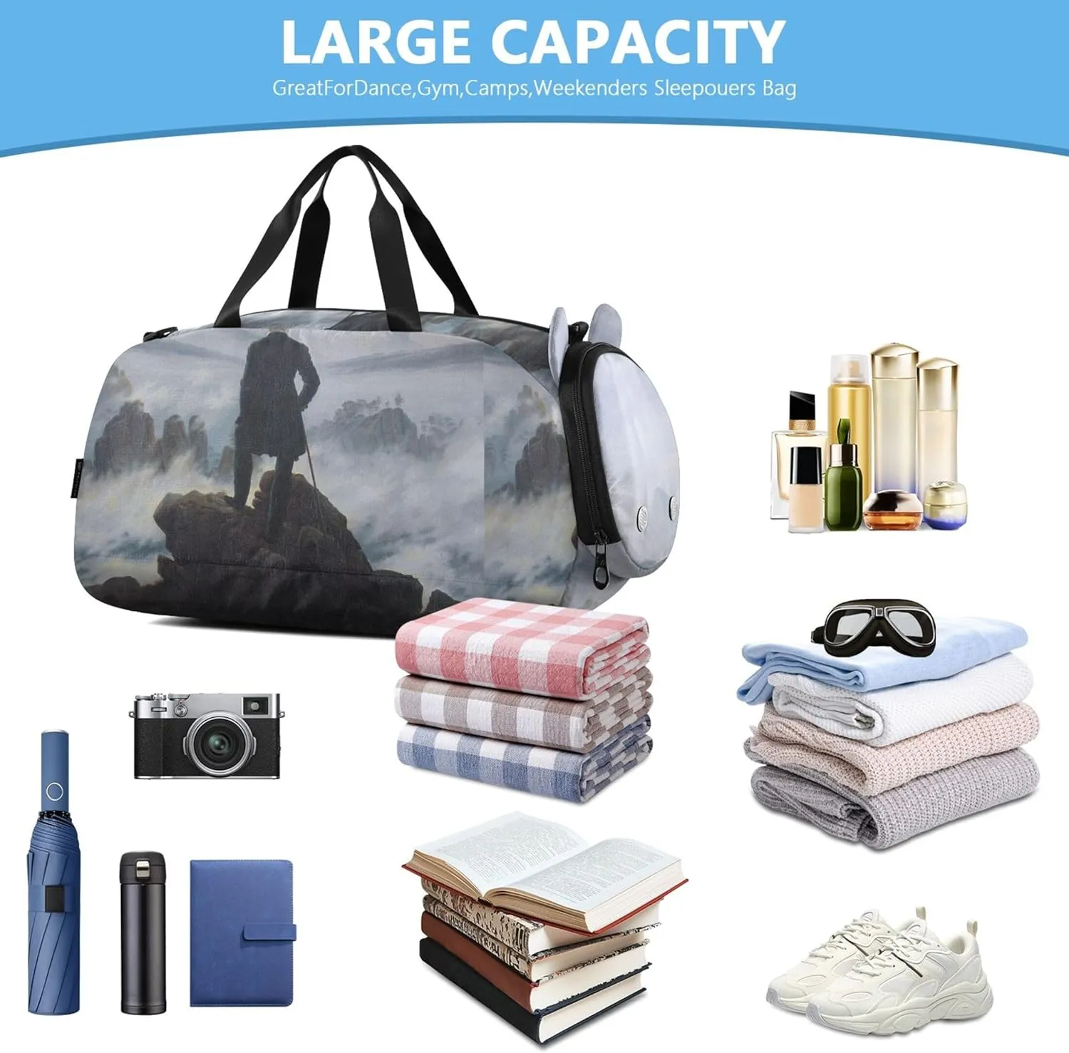 Carry on Duffel Bag Boys Overnight Bags Toddler Duffle Bags for Traveling Tote Sports Duffle Bag Caspar David Friedrich Wanderer Sea Fog