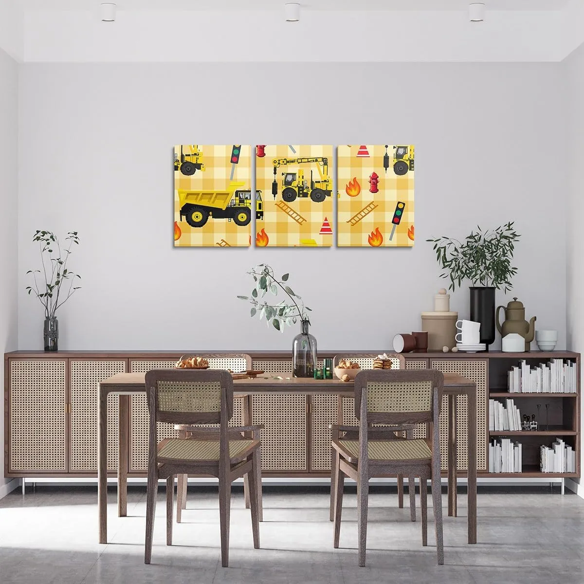 Cartoon Construction Truck Canvas Tote Bag 19.7x5.1 Inch Yellow Black Engineering Vehicle Aesthetic Tote Bag for Boys Adults Geometric Yellow Plaid Decor Shoulder Handbags for Shopping Gym