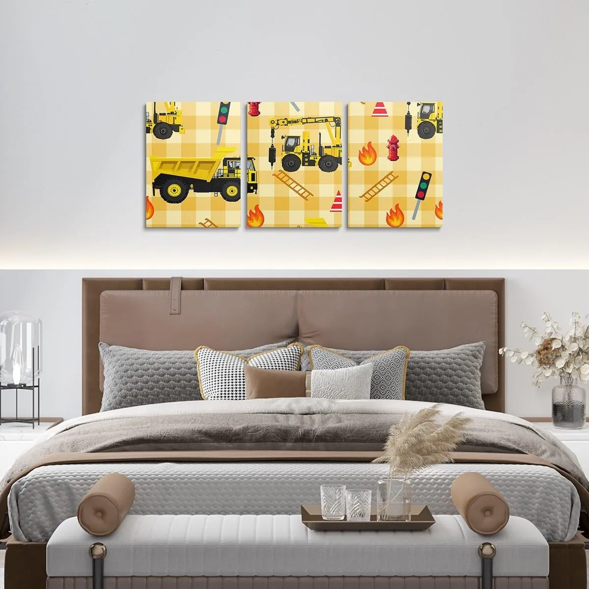 Cartoon Construction Truck Canvas Tote Bag 19.7x5.1 Inch Yellow Black Engineering Vehicle Aesthetic Tote Bag for Boys Adults Geometric Yellow Plaid Decor Shoulder Handbags for Shopping Gym