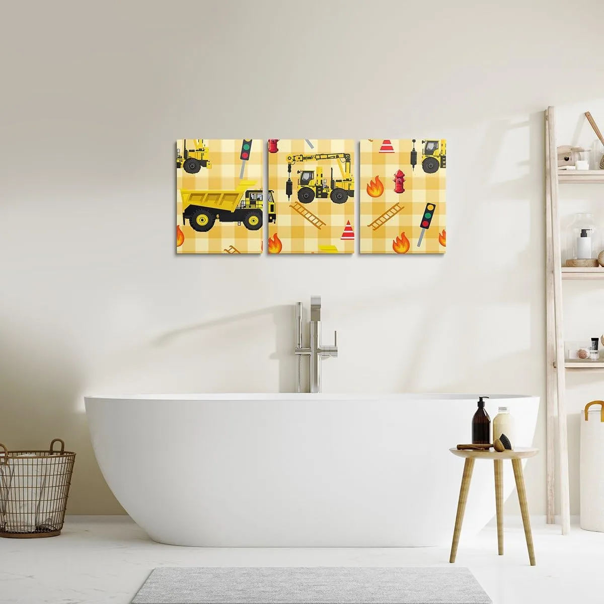 Cartoon Construction Truck Canvas Tote Bag 19.7x5.1 Inch Yellow Black Engineering Vehicle Aesthetic Tote Bag for Boys Adults Geometric Yellow Plaid Decor Shoulder Handbags for Shopping Gym