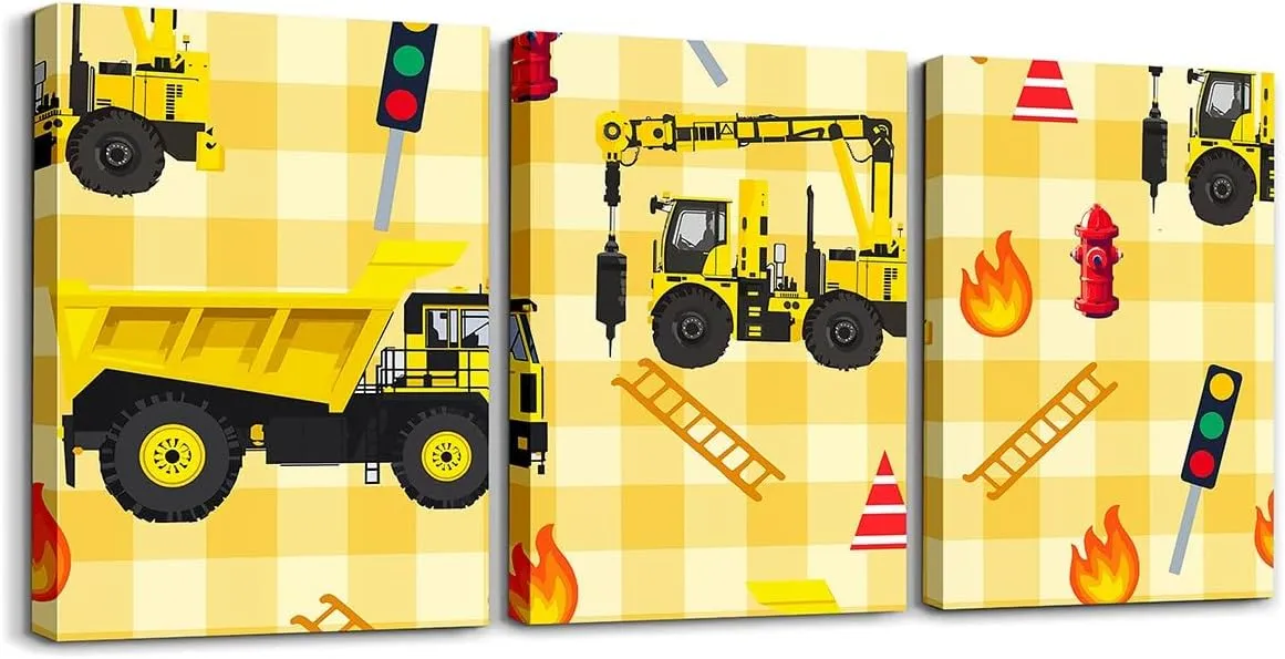 Cartoon Construction Truck Canvas Tote Bag 19.7x5.1 Inch Yellow Black Engineering Vehicle Aesthetic Tote Bag for Boys Adults Geometric Yellow Plaid Decor Shoulder Handbags for Shopping Gym