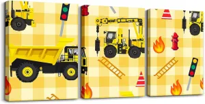 Cartoon Construction Truck Canvas Tote Bag 19.7x5.1 Inch Yellow Black Engineering Vehicle Aesthetic Tote Bag for Boys Adults Geometric Yellow Plaid Decor Shoulder Handbags for Shopping Gym