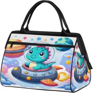 Cartoon Spacecraft Dinosaur Travel Duffle Bag, Waterproof Duffel Bag Weekender Overnight Carry On Bag Lightweight Sport Gym Bag for Men Women
