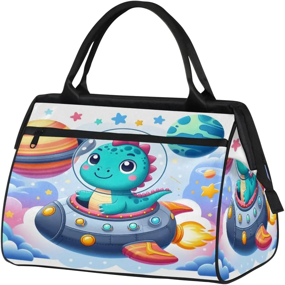 Cartoon Spacecraft Dinosaur Travel Duffle Bag, Waterproof Duffel Bag Weekender Overnight Carry On Bag Lightweight Sport Gym Bag for Men Women