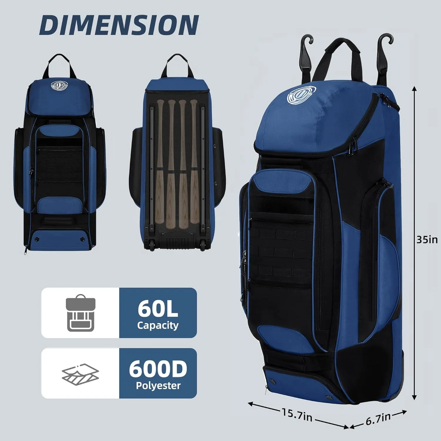 Catchers Gear Bag with Wheels, Rolling Baseball & Softball Catchers Bags with 4 Bat Sleeves, Fence-Hooks, Separate Shoe Compartments and Multi-Pockets