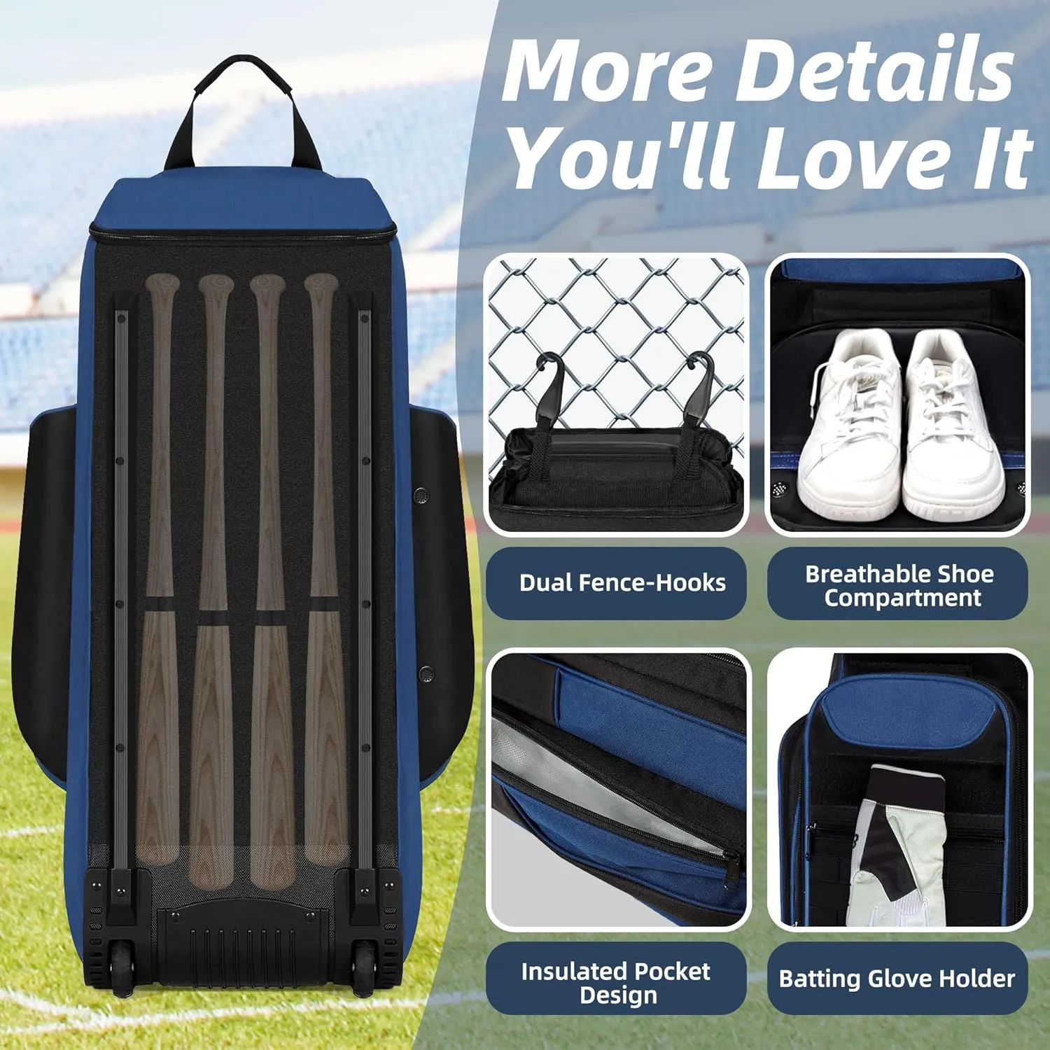 Catchers Gear Bag with Wheels, Rolling Baseball & Softball Catchers Bags with 4 Bat Sleeves, Fence-Hooks, Separate Shoe Compartments and Multi-Pockets