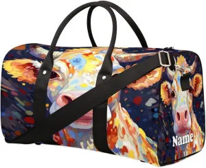 Cattle Head Graffiti Animal Sports Tote Gym Duffel Bag Customized Name for Women & Men,Waterproof Beach Bag Foldable Personal Item Travel Bag for Weekender Overnight Dance Carry-On Bag