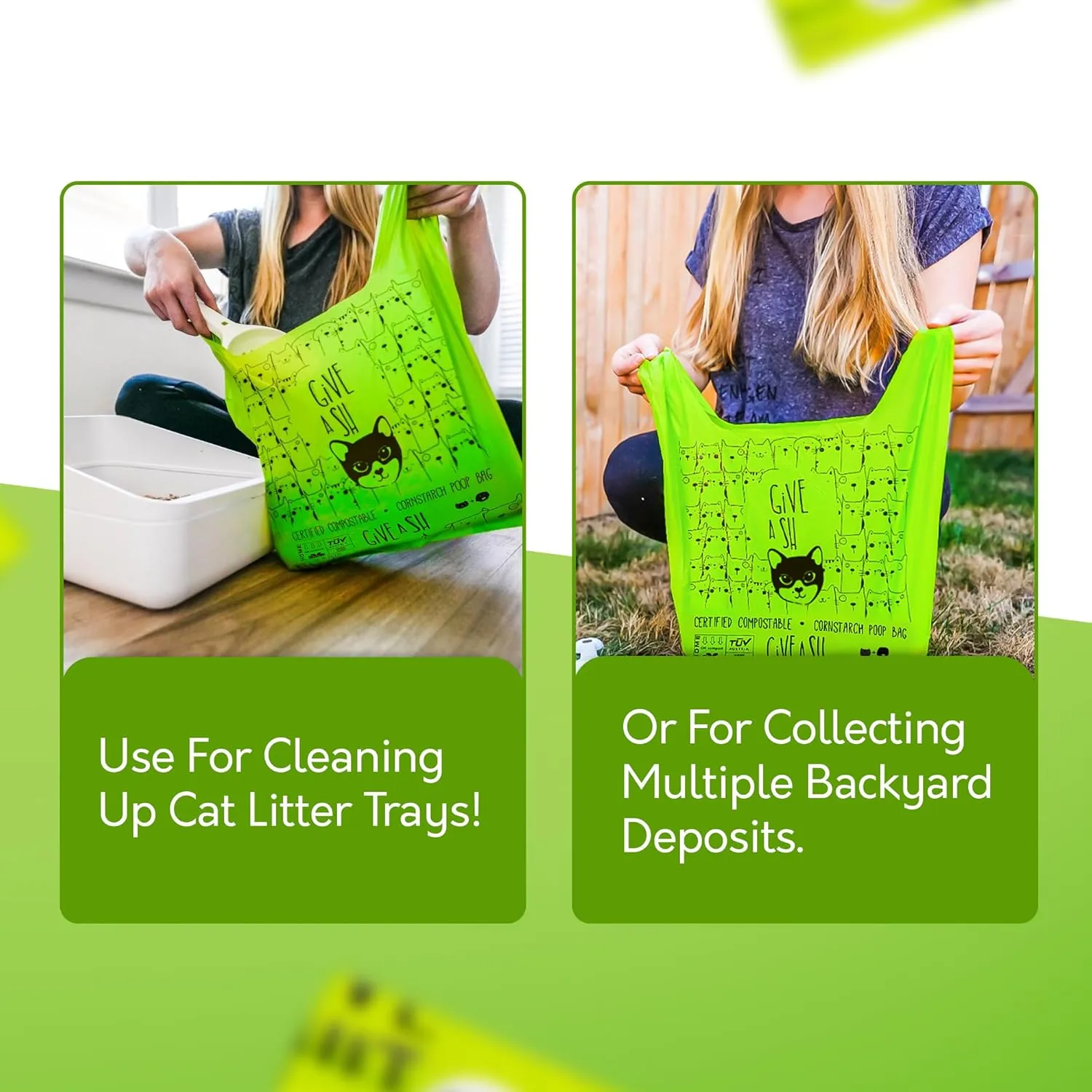 Certified Home Compostable Cat Litter Bags For Poop - 10% to Charity - Cornstarch-Based - For Cleaning Up Litter Trays - NF T51-800 Compliant - 60 Extra Large Disposable Bags