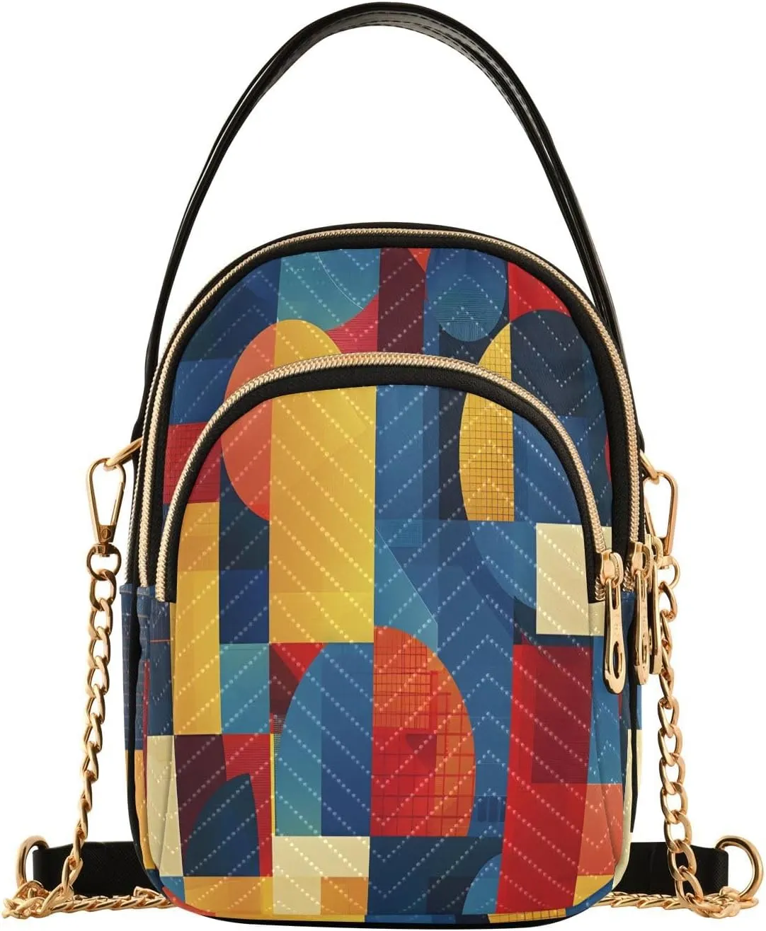 Chain Crossbody Bags for Women Abstract Geometric Modern Art Red Blue Quilted Shoulder Handbags Travel Cross Body Cell Phone Purses Bags
