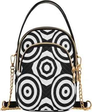 Chain Crossbody Bags for Women Geometric Circles Hexagons Black White Quilted Shoulder Handbags Travel Cross Body Cell Phone Purses Bags