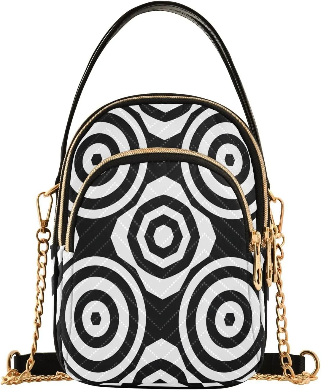 Chain Crossbody Bags for Women Geometric Circles Hexagons Black White Quilted Shoulder Handbags Travel Cross Body Cell Phone Purses Bags