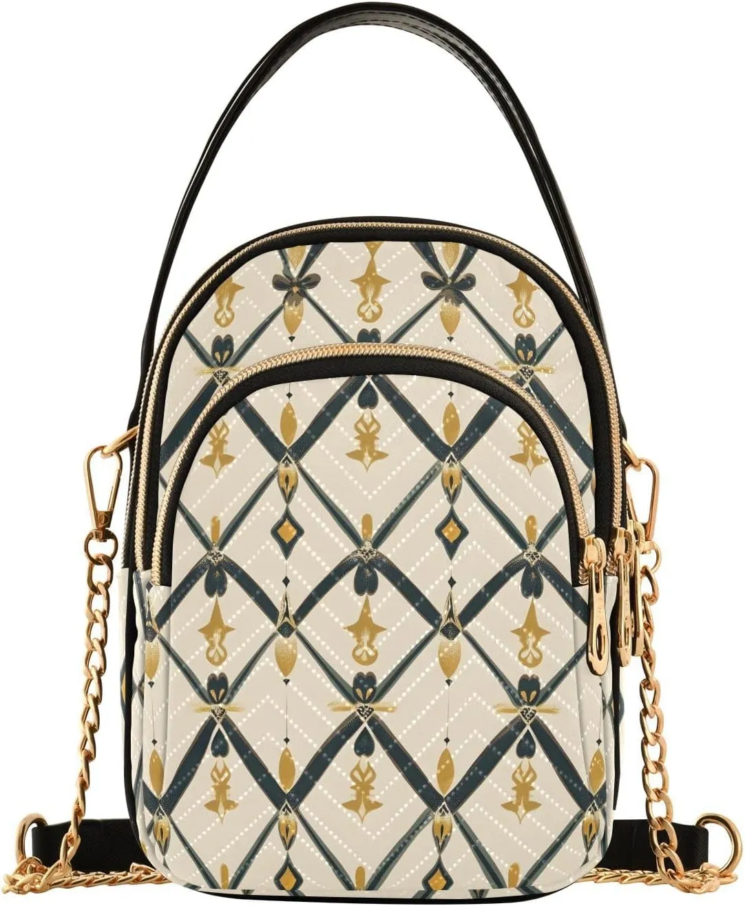 Chain Crossbody Bags for Women Geometric Pattern Beige Quilted Shoulder Handbags Travel Cross Body Cell Phone Purses Bags