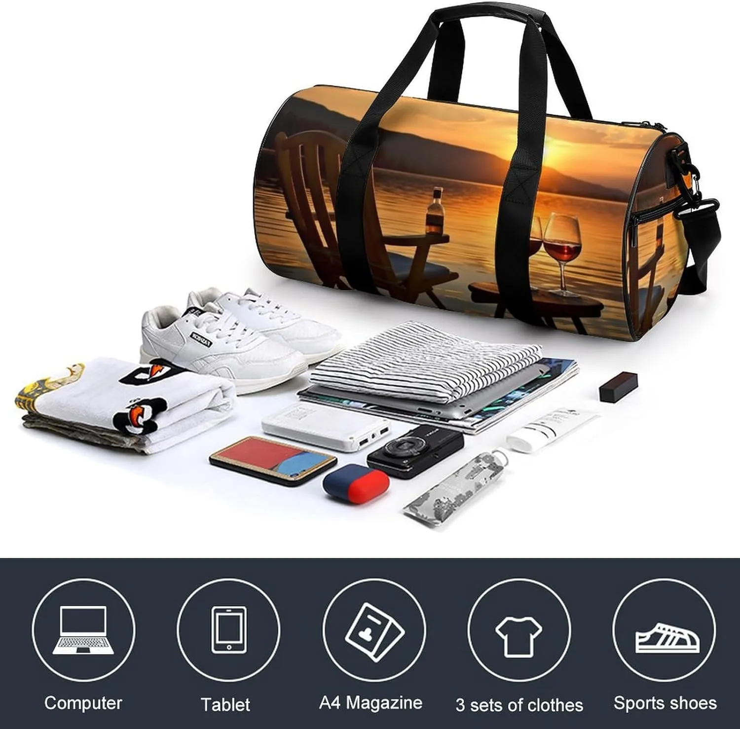 Chair And Wine at Sunset Lake Gym Bag Small Travel Duffle Bag with Compartment Carry On Weekender Bag for Women Men