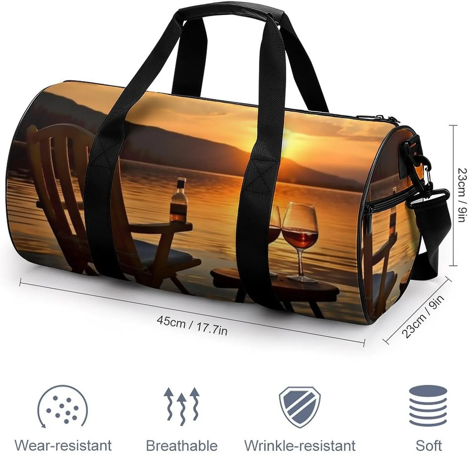 Chair And Wine at Sunset Lake Gym Bag Small Travel Duffle Bag with Compartment Carry On Weekender Bag for Women Men