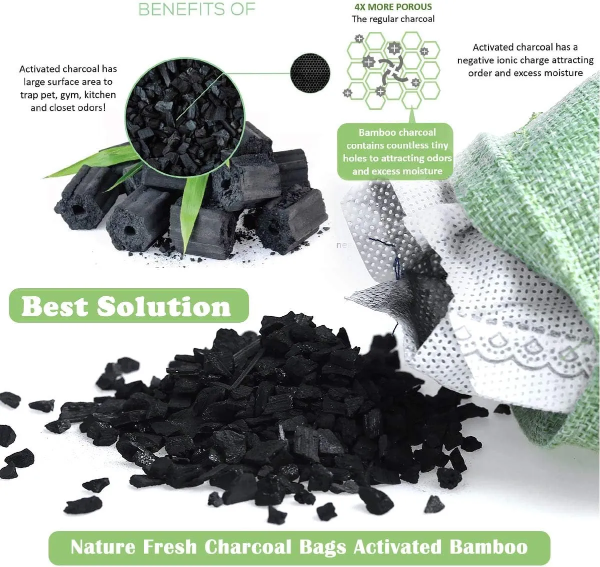 Charcoal Bamboo Bags nature fresh charcoal bags Activated Charcoal Odor Absorber Eliminator Bag (8, Green)