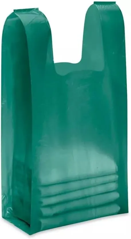 Charm Your Prince 100 Green Disposable Recycled Plastic T-Shirt Shopping Gift Bags with Handles - Small - 8" x 5" x 16"