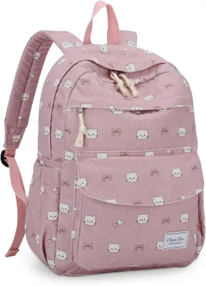 Chase Chic Corduroy Kids Backpack, Cute Aesthetic Plush Bookbag Casual Rucksack Daypack for School Toddler Girls Boys Pink Cat