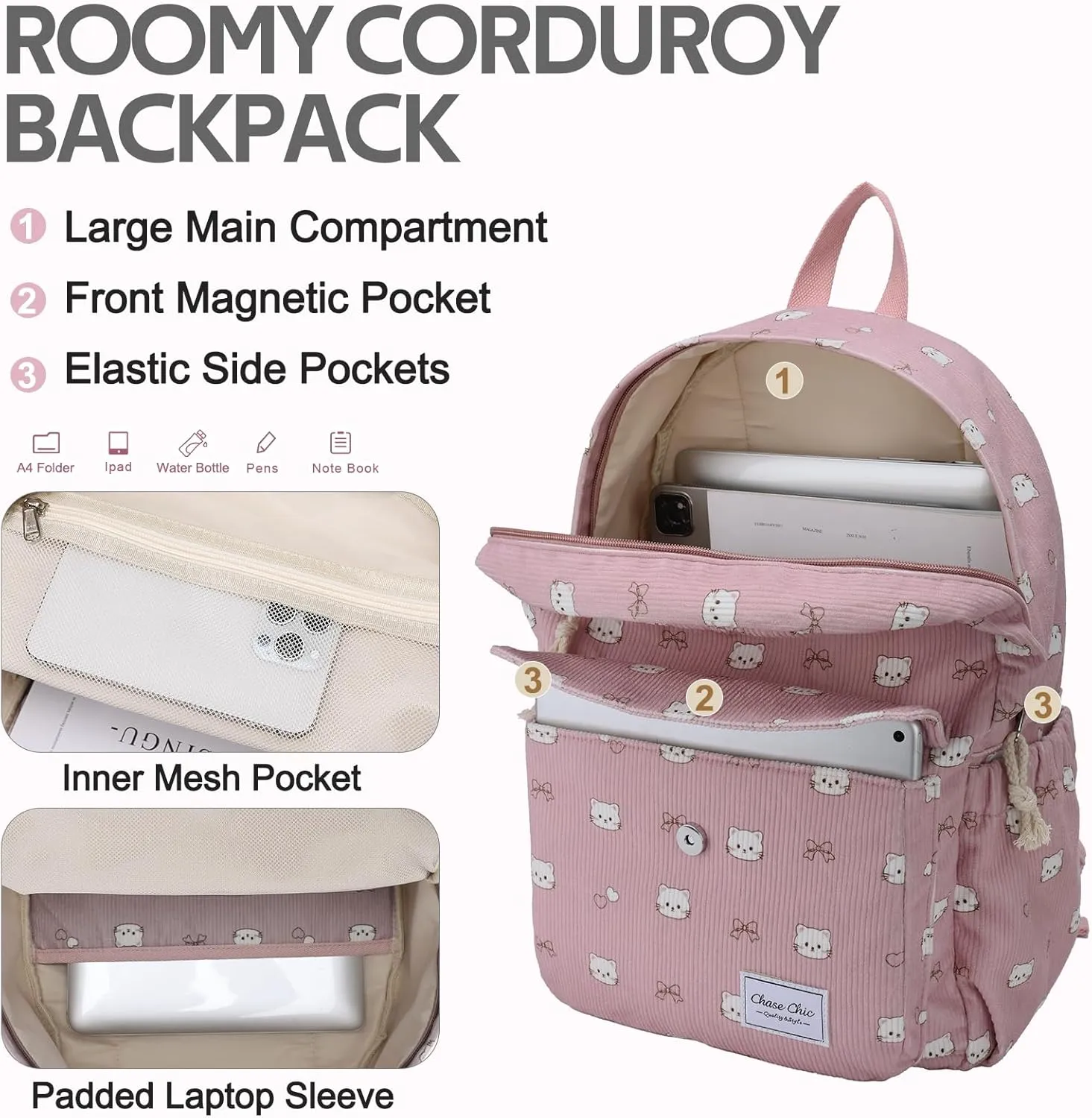 Chase Chic Corduroy Kids Backpack, Cute Aesthetic Plush Bookbag Casual Rucksack Daypack for School Toddler Girls Boys Pink Cat