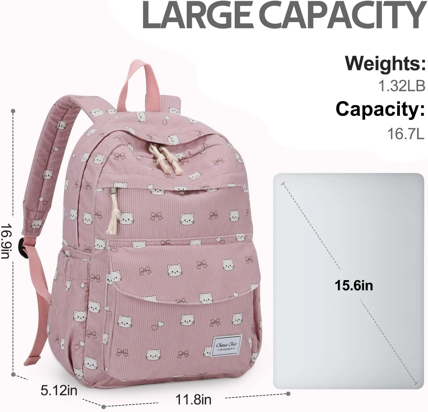 Chase Chic Corduroy Kids Backpack, Cute Aesthetic Plush Bookbag Casual Rucksack Daypack for School Toddler Girls Boys Pink Cat