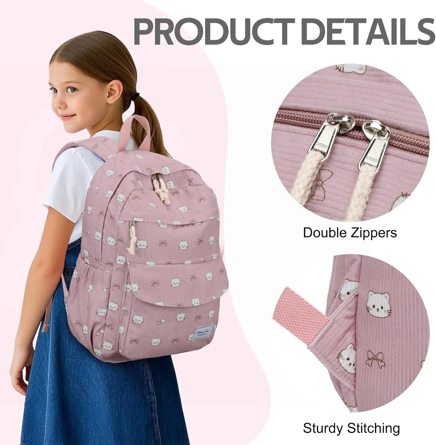 Chase Chic Corduroy Kids Backpack, Cute Aesthetic Plush Bookbag Casual Rucksack Daypack for School Toddler Girls Boys Pink Cat