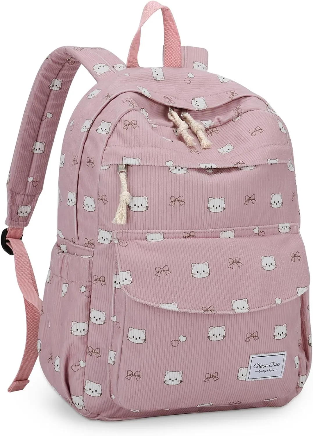 Chase Chic Corduroy Kids Backpack, Cute Aesthetic Plush Bookbag Casual Rucksack Daypack for School Toddler Girls Boys Pink Cat