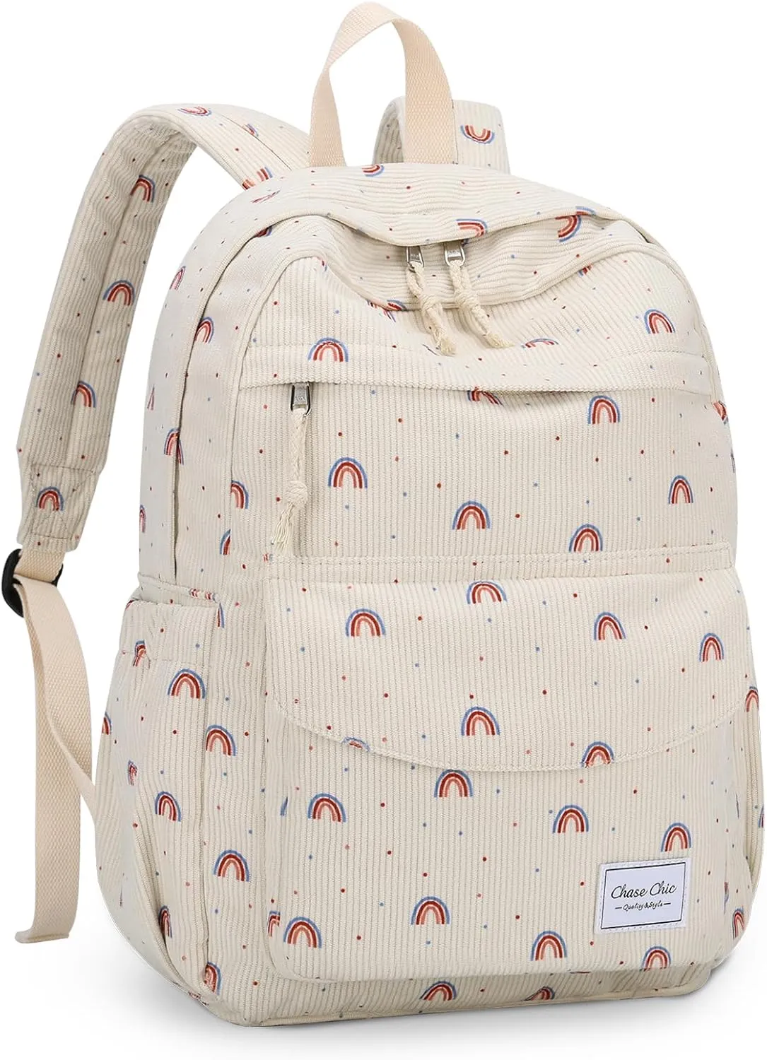 Chase Chic Corduroy Kids Backpack, Cute Aesthetic Plush Bookbag Casual Rucksack Daypack for School Toddler Girls Boys Rainbow