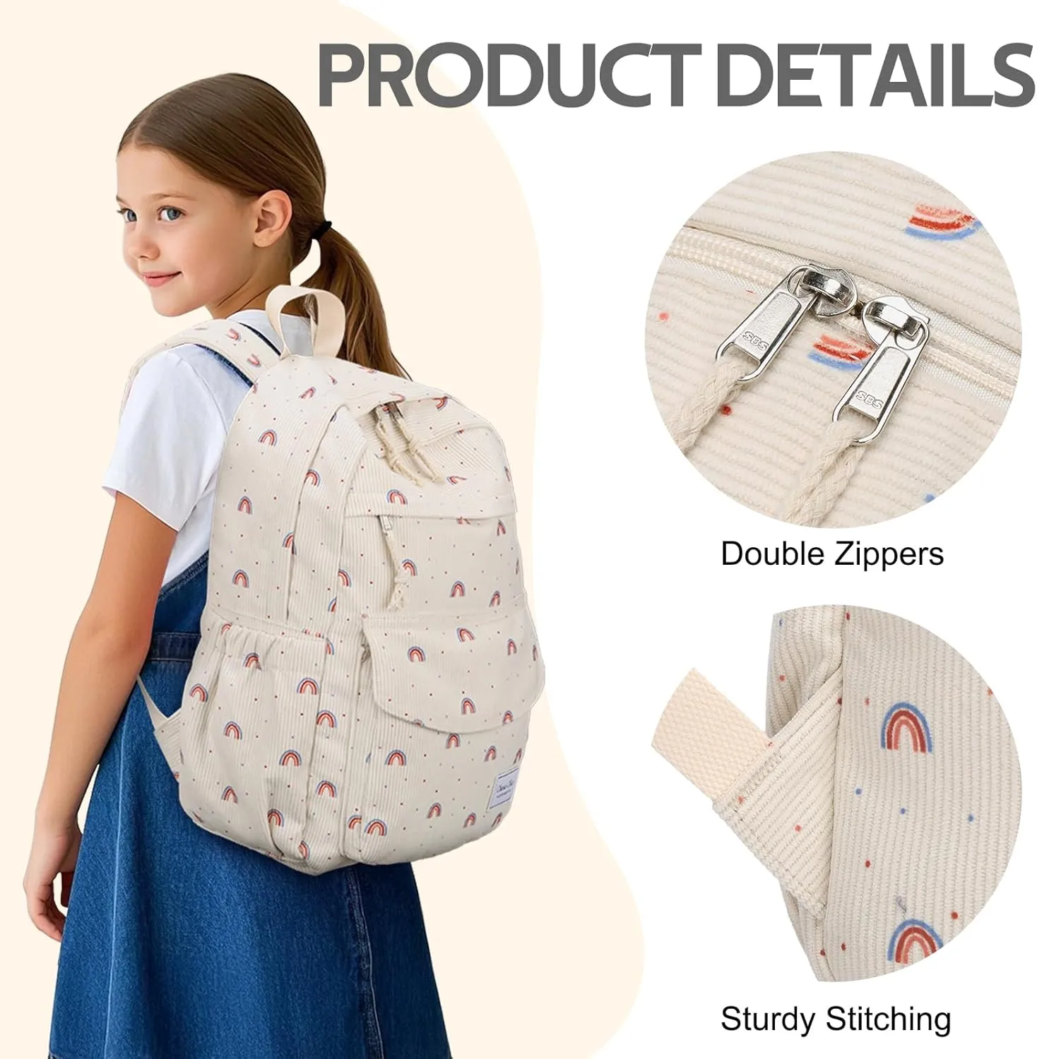 Chase Chic Corduroy Kids Backpack, Cute Aesthetic Plush Bookbag Casual Rucksack Daypack for School Toddler Girls Boys Rainbow