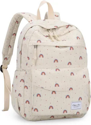 Chase Chic Corduroy Kids Backpack, Cute Aesthetic Plush Bookbag Casual Rucksack Daypack for School Toddler Girls Boys Rainbow