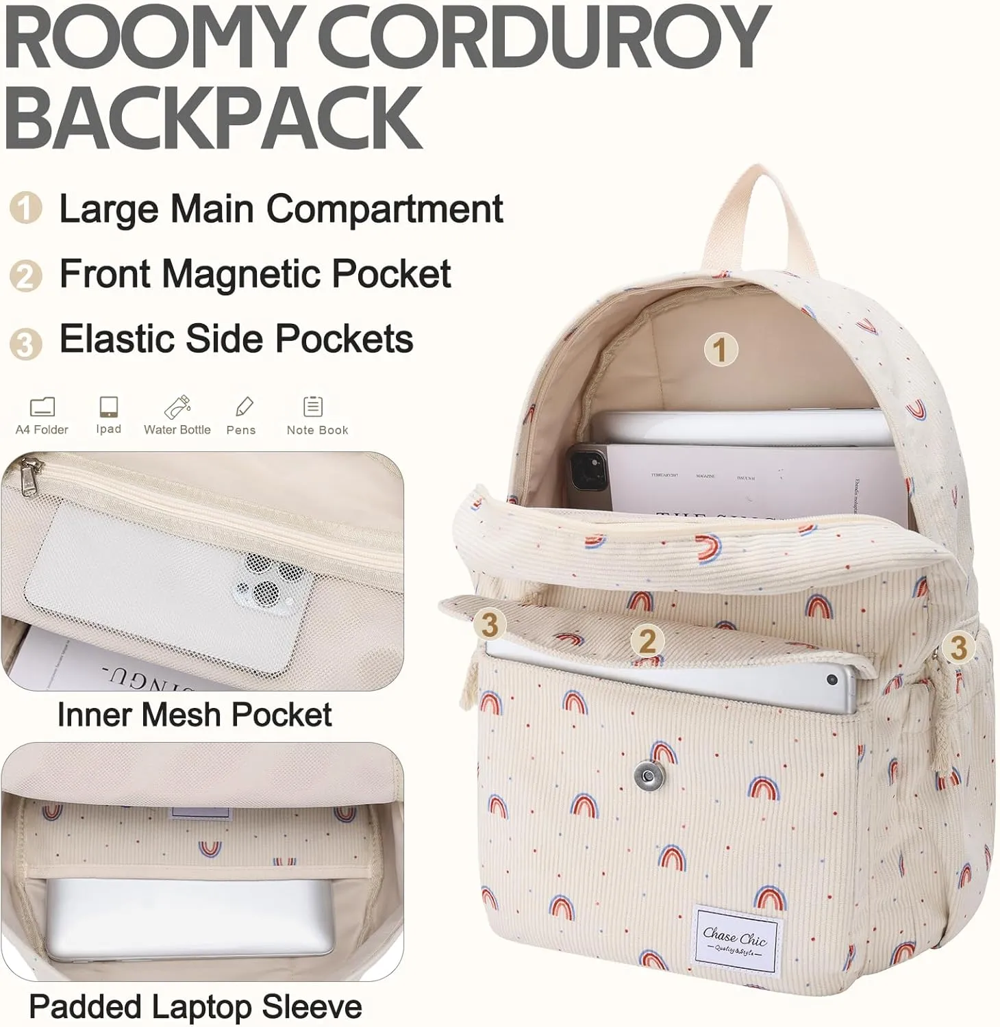 Chase Chic Corduroy Kids Backpack, Cute Aesthetic Plush Bookbag Casual Rucksack Daypack for School Toddler Girls Boys Rainbow