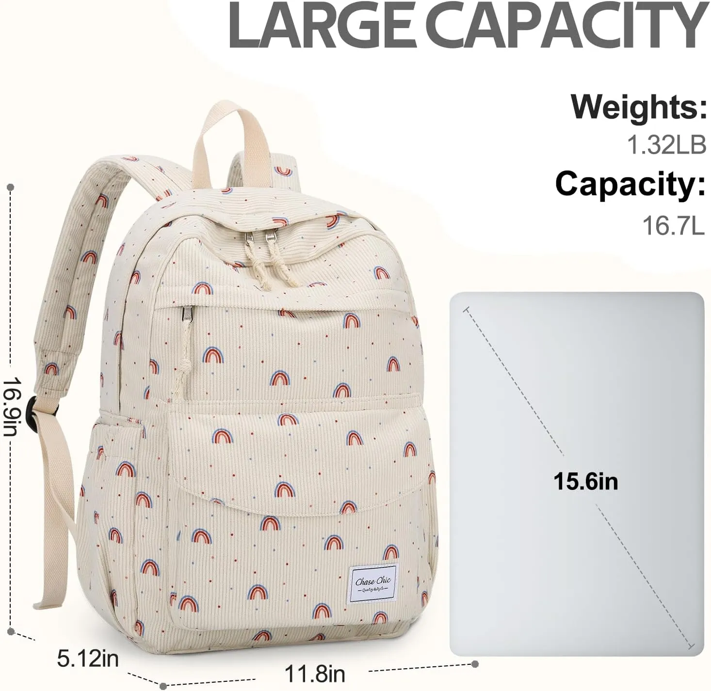 Chase Chic Corduroy Kids Backpack, Cute Aesthetic Plush Bookbag Casual Rucksack Daypack for School Toddler Girls Boys Rainbow