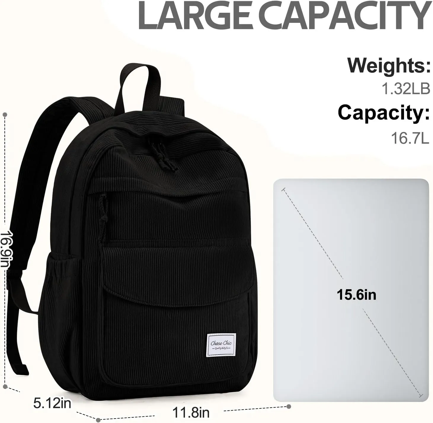 Chase Chic Corduroy Women Backpack, Cute Aesthetic Plush Bookbag Casual Rucksack Daypack for School Teen Girls Boys Black