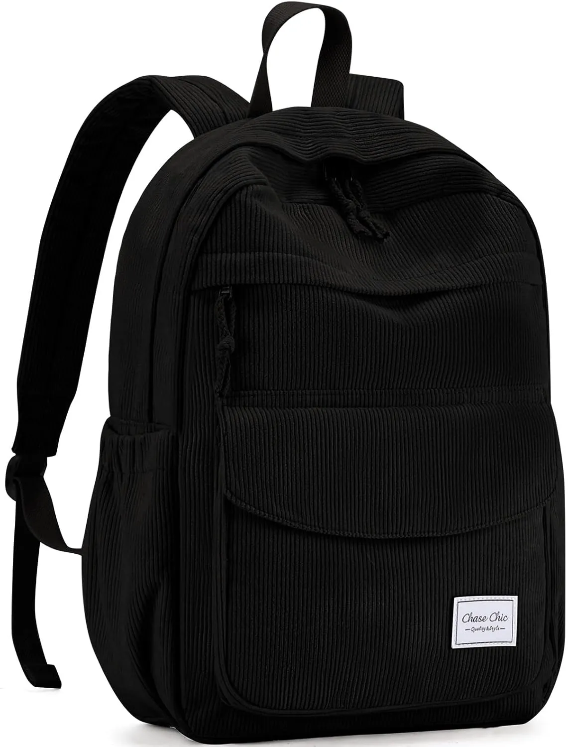 Chase Chic Corduroy Women Backpack, Cute Aesthetic Plush Bookbag Casual Rucksack Daypack for School Teen Girls Boys Black