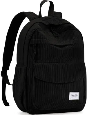 Chase Chic Corduroy Women Backpack, Cute Aesthetic Plush Bookbag Casual Rucksack Daypack for School Teen Girls Boys Black