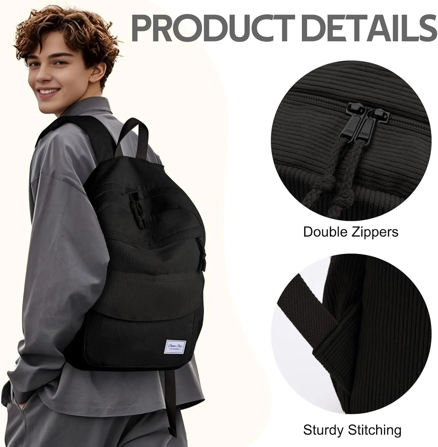 Chase Chic Corduroy Women Backpack, Cute Aesthetic Plush Bookbag Casual Rucksack Daypack for School Teen Girls Boys Black