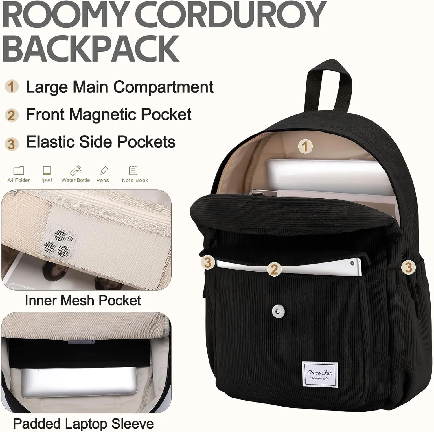 Chase Chic Corduroy Women Backpack, Cute Aesthetic Plush Bookbag Casual Rucksack Daypack for School Teen Girls Boys Black