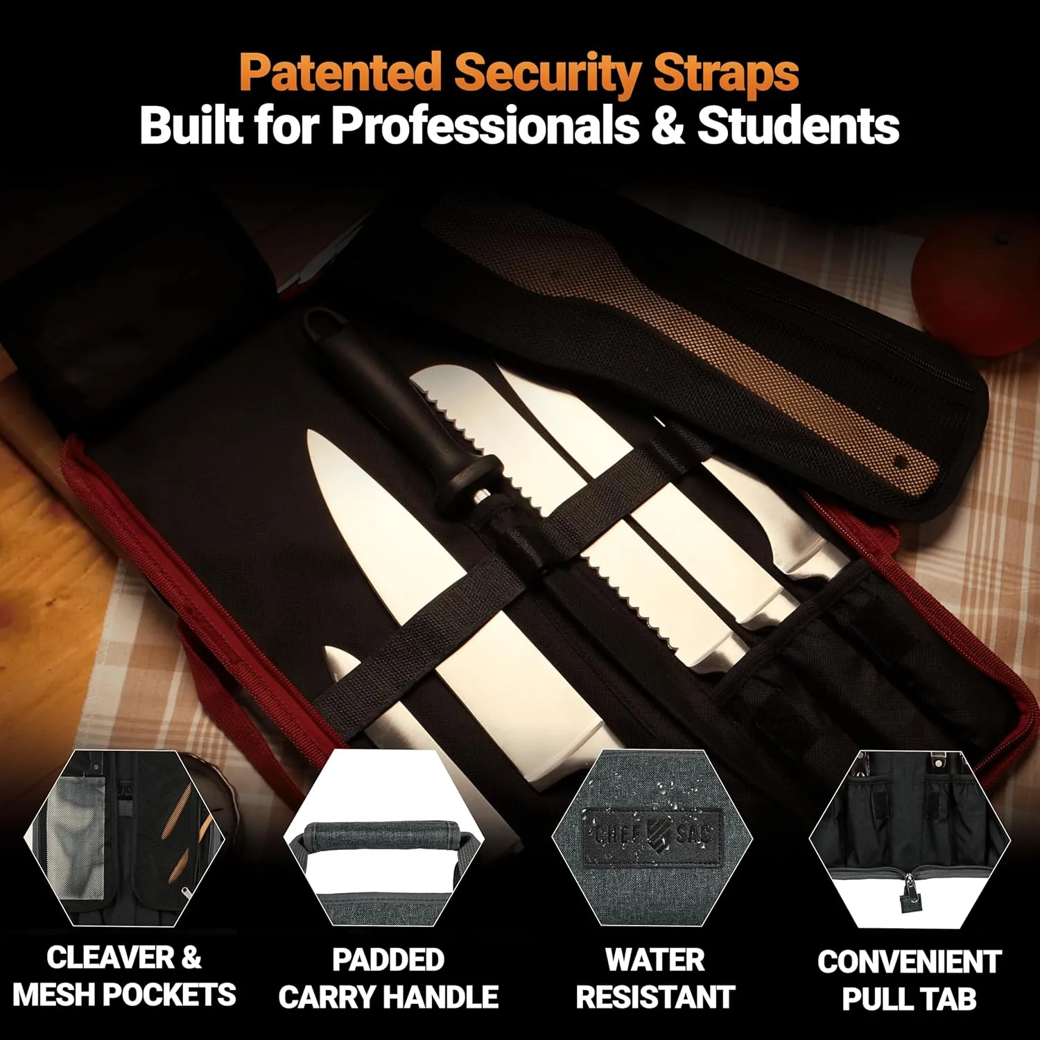 Chef Knife Roll Bag Travel Case | 8 Pockets for Knives & Tools | 2 Flaps with Cleaver & Mesh Pocket | Honing Rod Slot | Chef Knife Case for Professional & Students | Knives Not Included (Denim Grey)