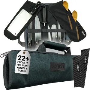 Chef Knife Roll Bag Travel Case | 8 Pockets for Knives & Tools | 2 Flaps with Cleaver & Mesh Pocket | Honing Rod Slot | Chef Knife Case for Professional & Students | Knives Not Included (Denim Grey)